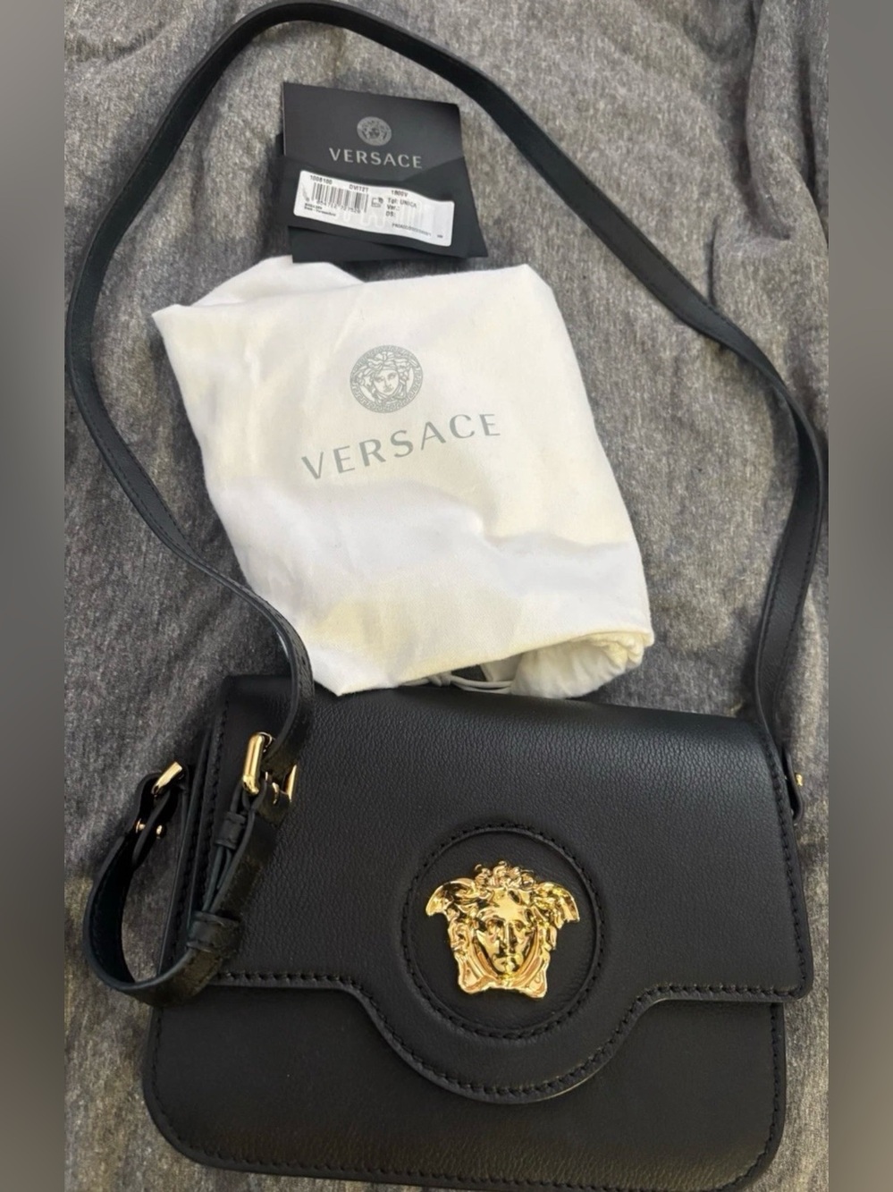 100% Authentic Versace Medusa Black Leather Crossbody with Gold Logo